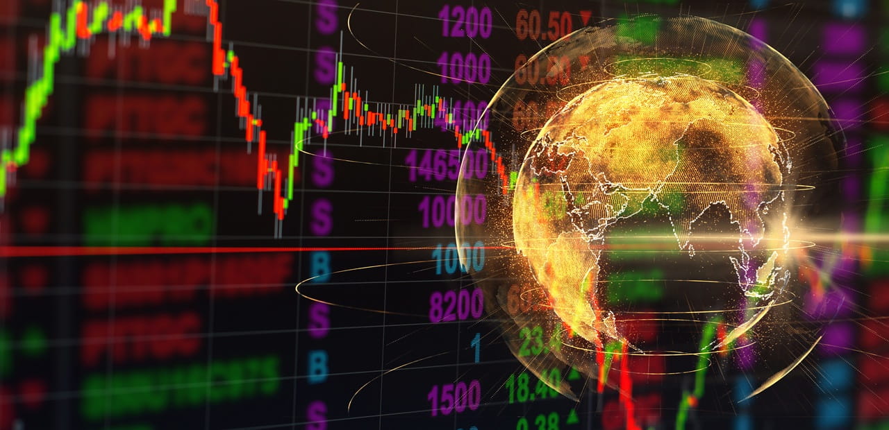 Stock charts and a glowing world globe illustrating global financial markets