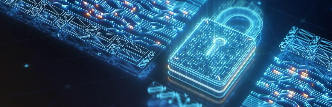 A padlock formed by a network of digital lights